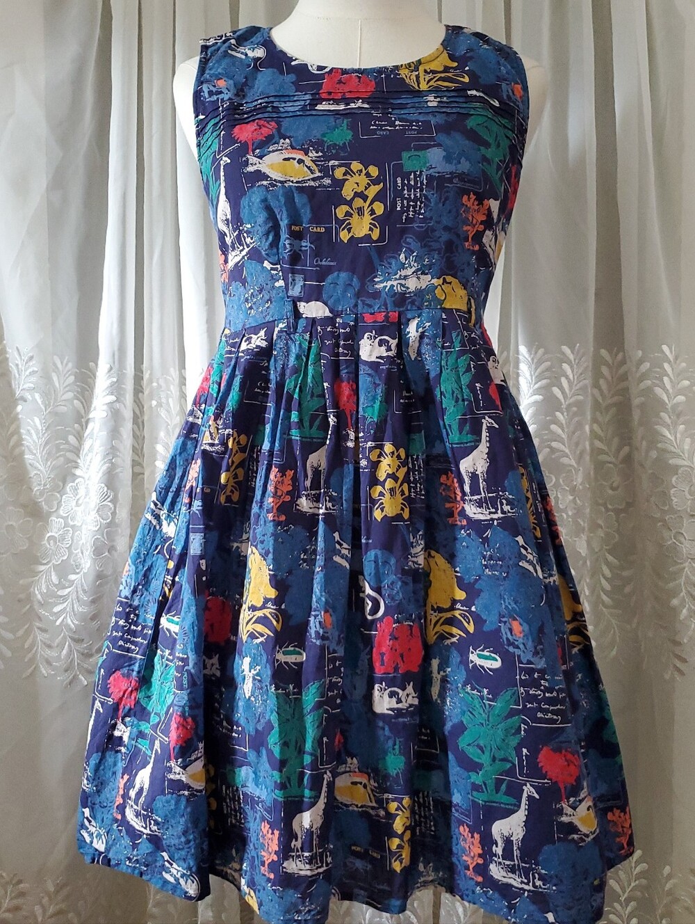 Yumi Flora And Fauna Postcard Sun Dress V-Neck Botanical Womens Small 2 - 4